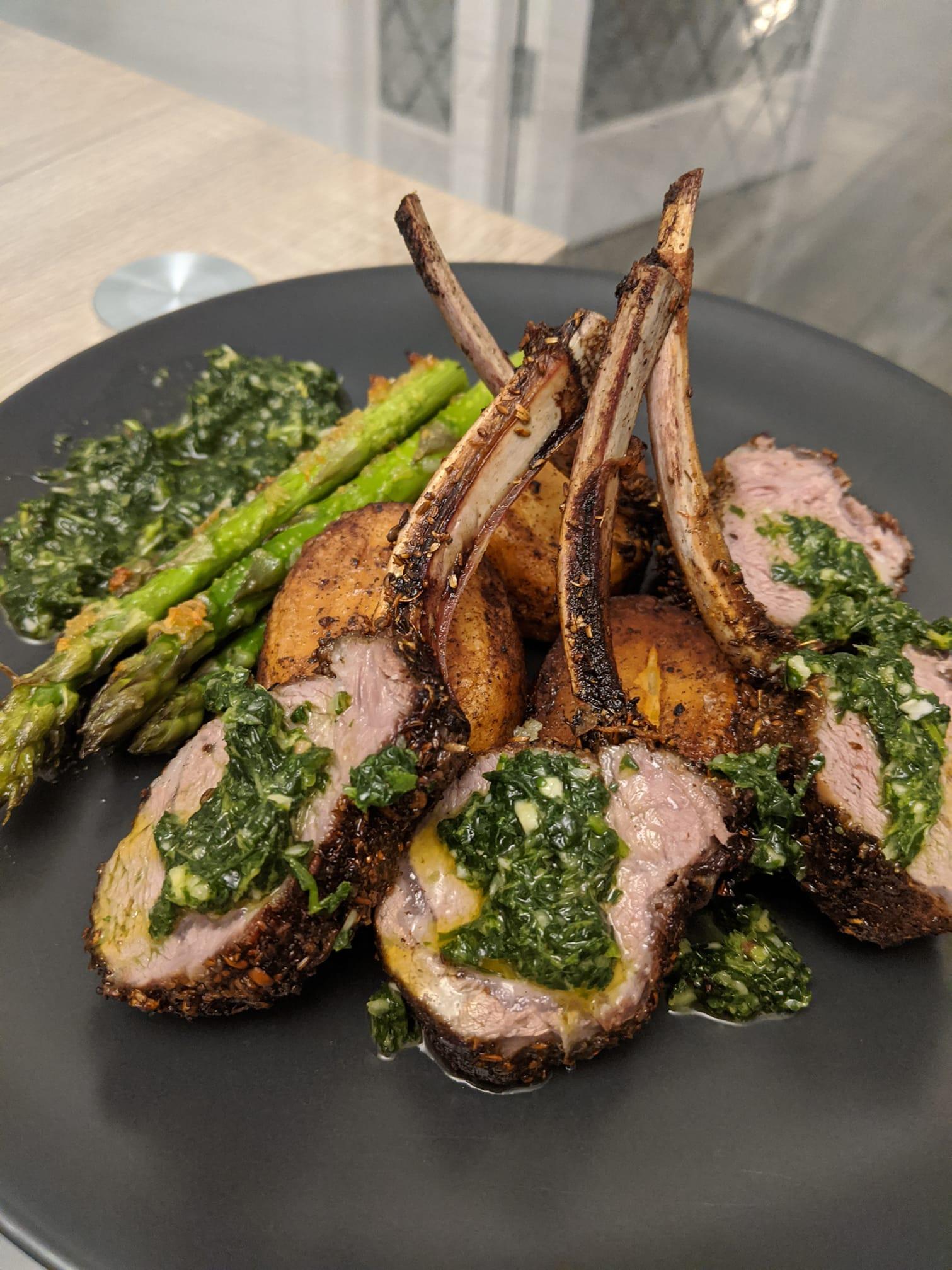 Rack of lamb with chimichurri and asparagus